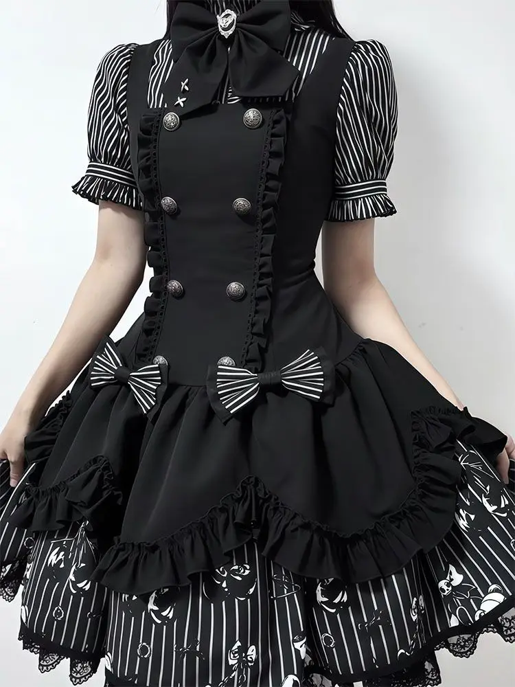 Gothic Striped Lolita Dress Set Women Puff Sleeve Blouse Suspender Dress Dark Sweet Bowknot Lace Layered Retro Subculture Outfit