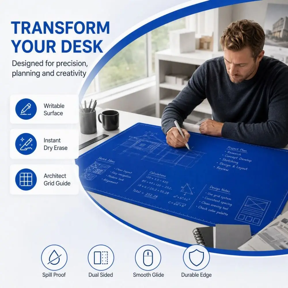 Erasable Double-Sided Desk Mat Double Sided Reusable Writing Desk Pad Portable PU Leather Drawing Table Mat Office