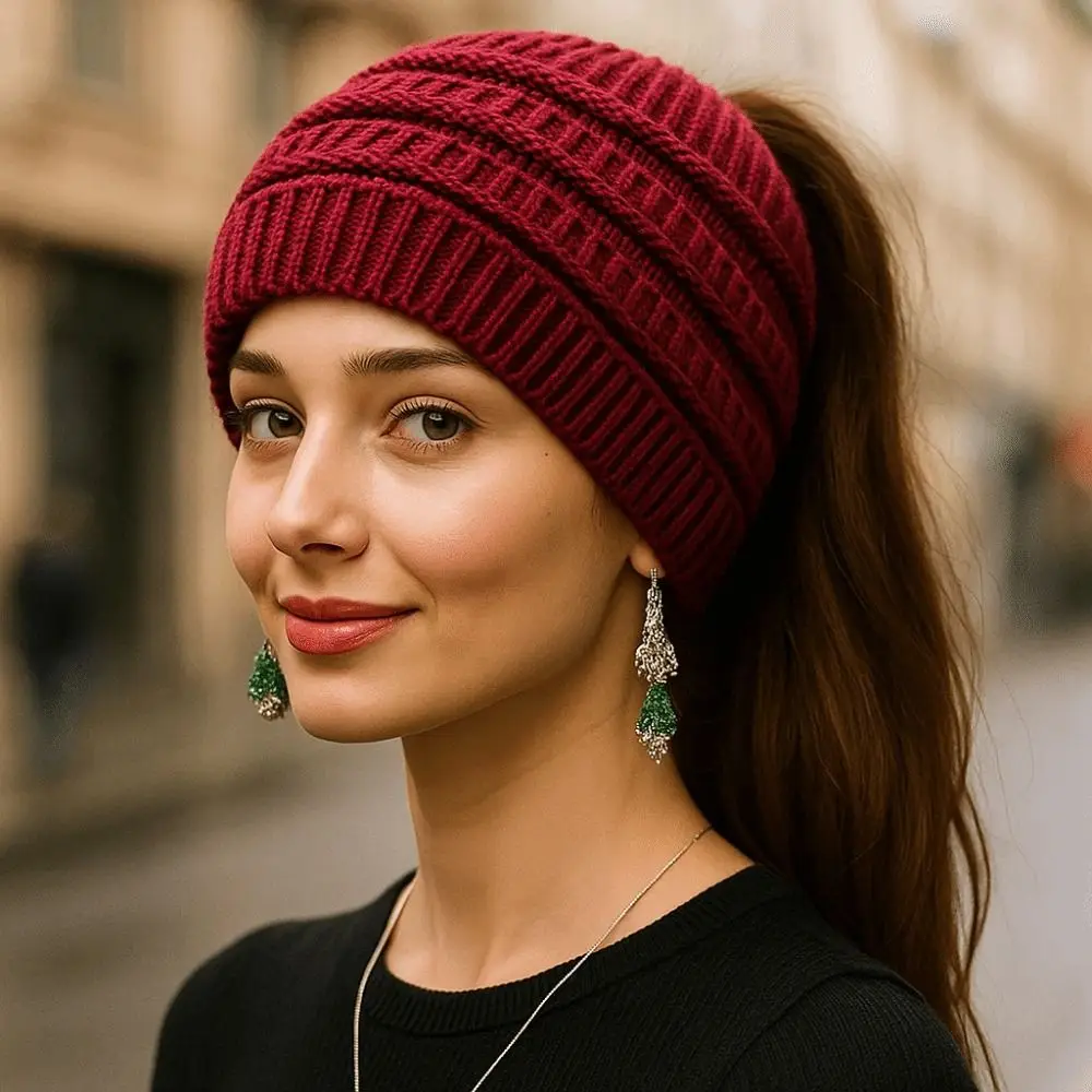 New Women Autumn Winter Ponytail Beanie Hat Solid Color Lady Stretch Knitted Crochet Beanies Hat Cap For Women