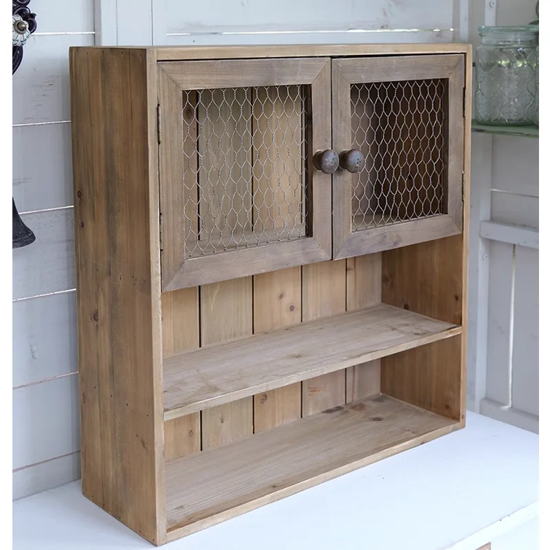 

3 Layers Vintage Rustic Wood Storage Organization Shelf with Wire Doors