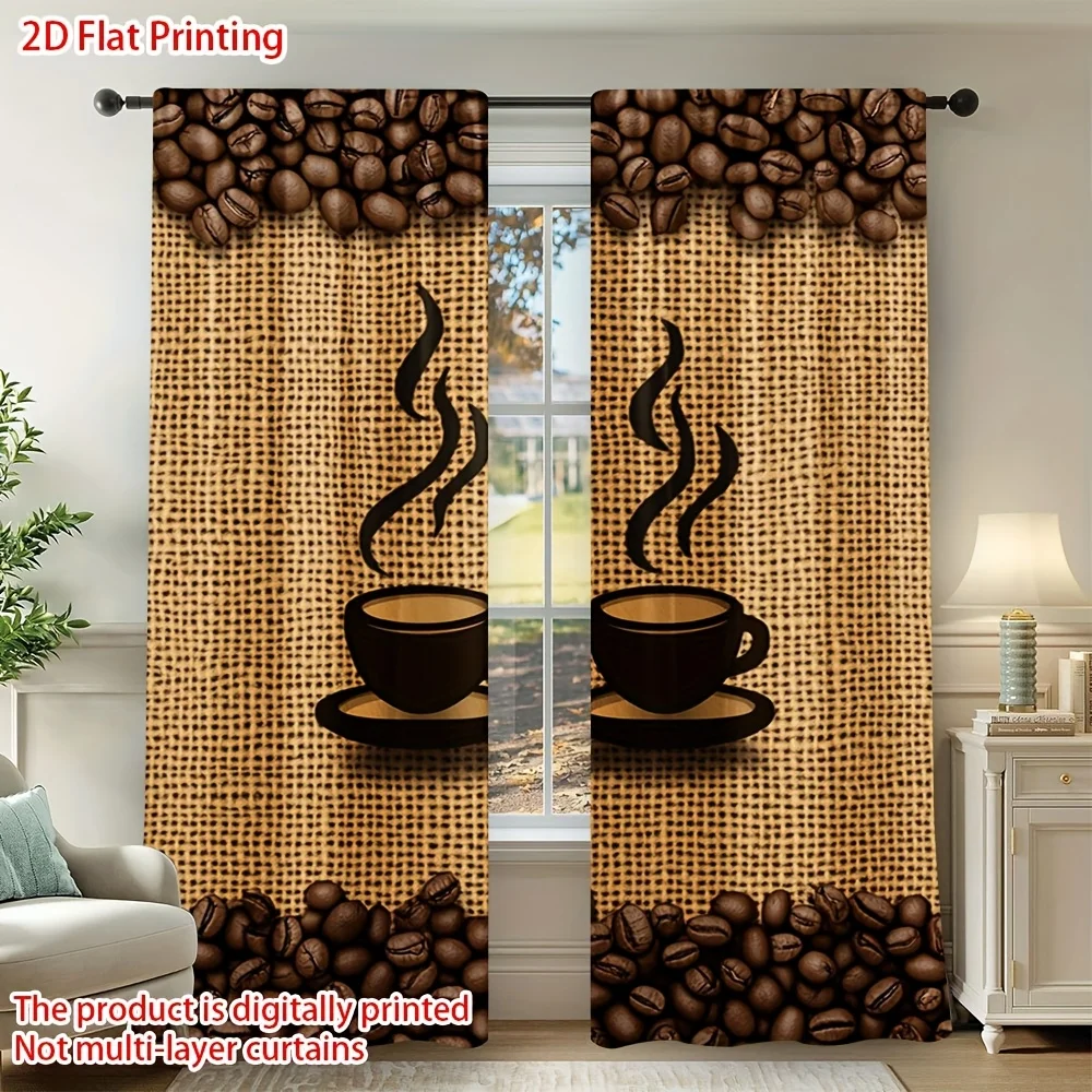 2pcs coffee bean burlap curtain for kitchen living room privacy and decor rustic style polyester fabric non-toxic material