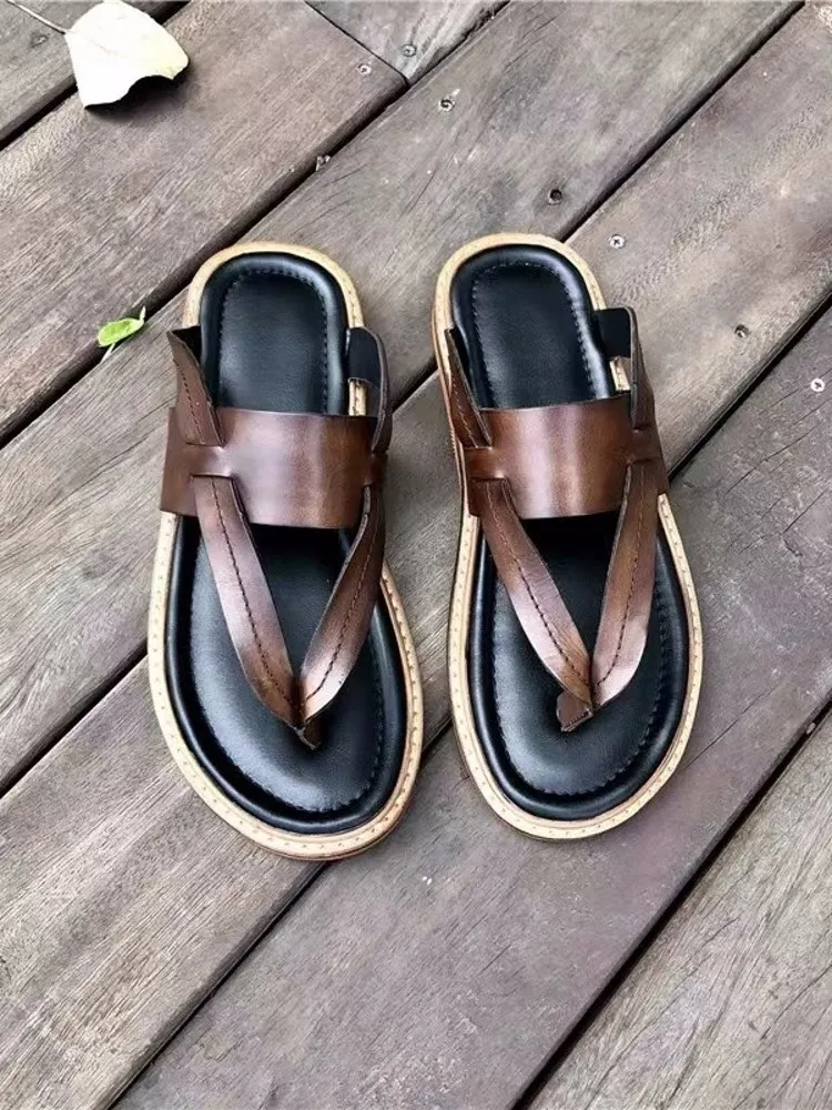 Summer New Mens Outside Cow Leather Sandals Vintage Flip Flops Slip On Slippers Comfortable Flats Antiskid Casual Beach Shoes