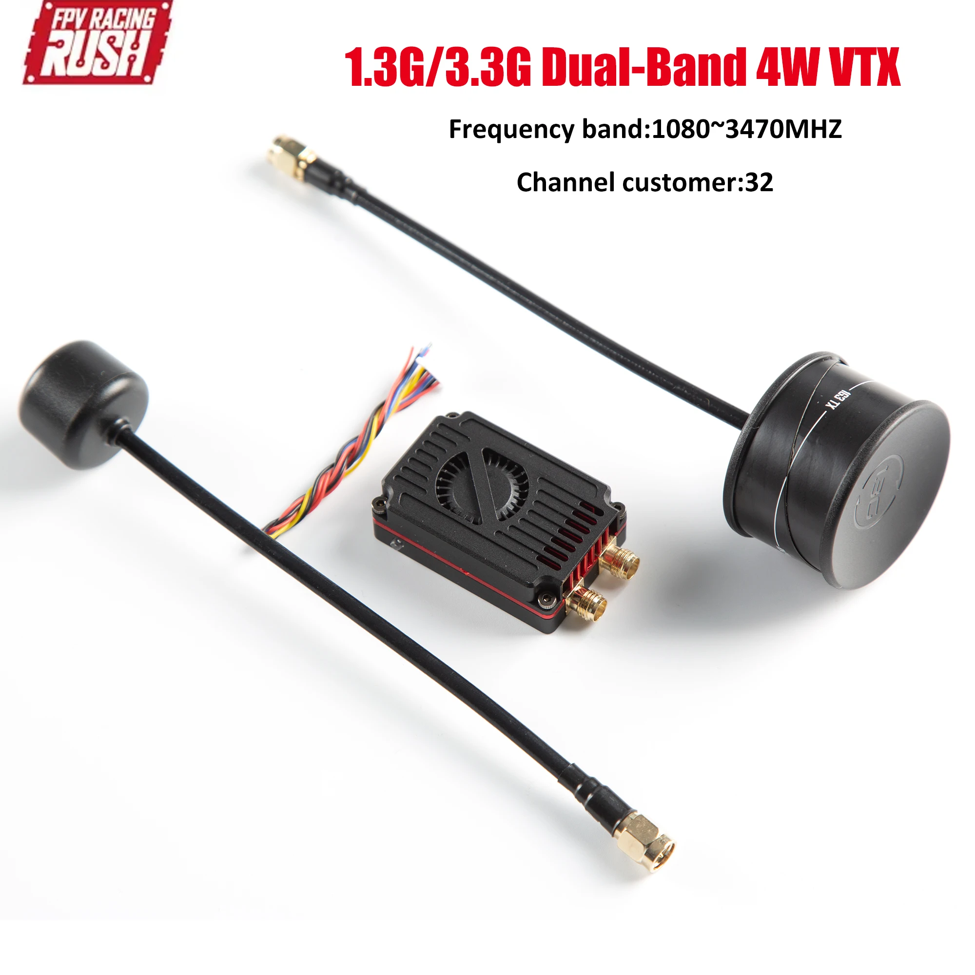 

RUSHFPV 1.3G/3.3G DUAL BAND 4W VTX Transmitter Module with SMA Antenna Cooling System for Long Range FPV Quadcopter/ Drones VTX