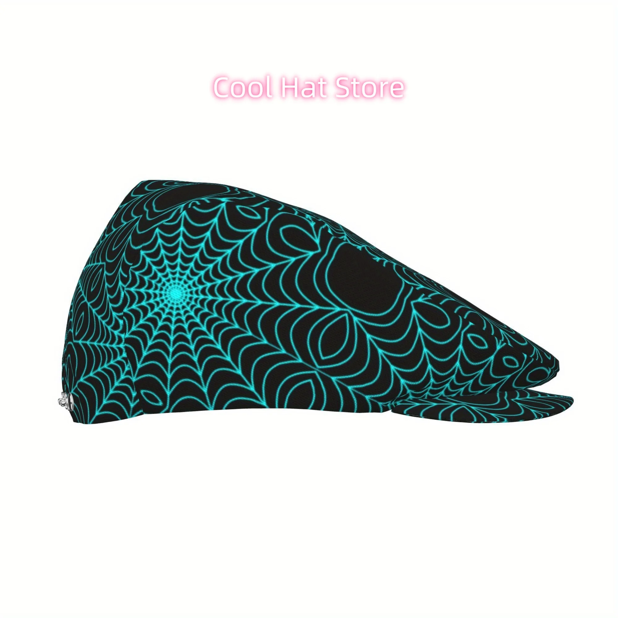1pc Neon Cyan Spiderweb Print Retro Flat Cap - Adjustable Unisex Newsboy Beret Ivy Cabbie Hat, Lightweight Polyester with Glowin