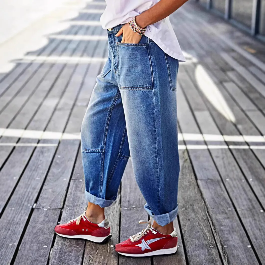 Women Jeans Pockets Midi Waist Button Trousers Denim Pants Casual Spliced Solid Ankle Length Pant Streetwear Regular Autumn