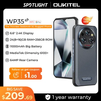 Oukitel WP35 5G 11000mAh 견고한 스마트폰, 24GB + 256GB 휴대폰, 안드로이드 14, 64 MP NFC 휴대폰