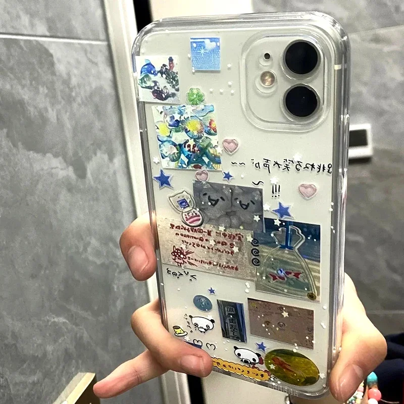 Coreano creativo Splicing Graffiti Star Cartoon Phone Case per iPhone 16 15 14 11 12 13 Pro Max XR XS MAX Kawaii Y2K Girl Cover