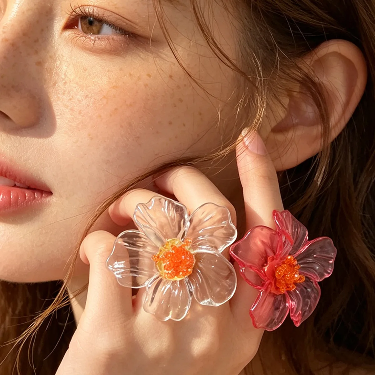 Sweet Cute Colorful Resin Flower Rings for Women Girls Elegant Unique Transparent Petal Adjustable Rings Banquet Jewelry Gifts
