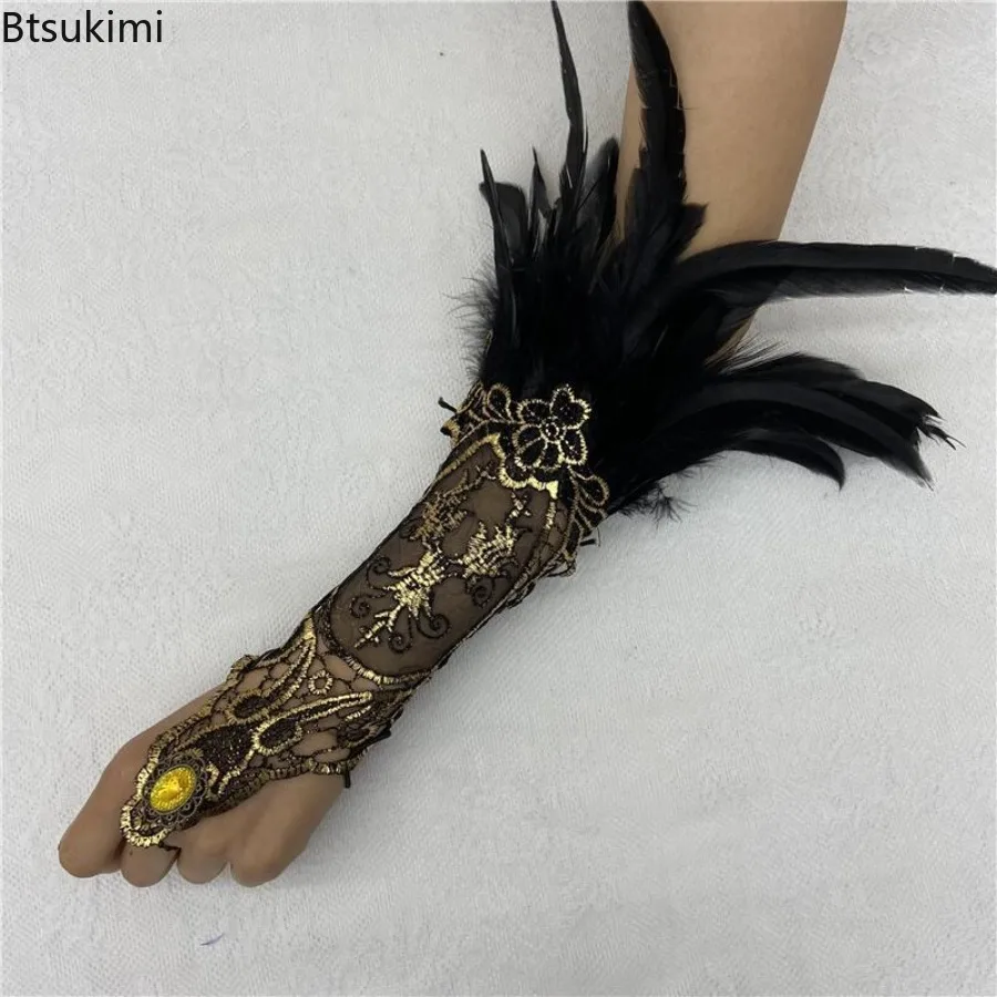 

Креативные перчатки с перьями на Хэллоуин, вышивка в стиле ретро, готические кружевные перчатки, полые манжеты с перьями, аксессуары для карнавальных костюмов