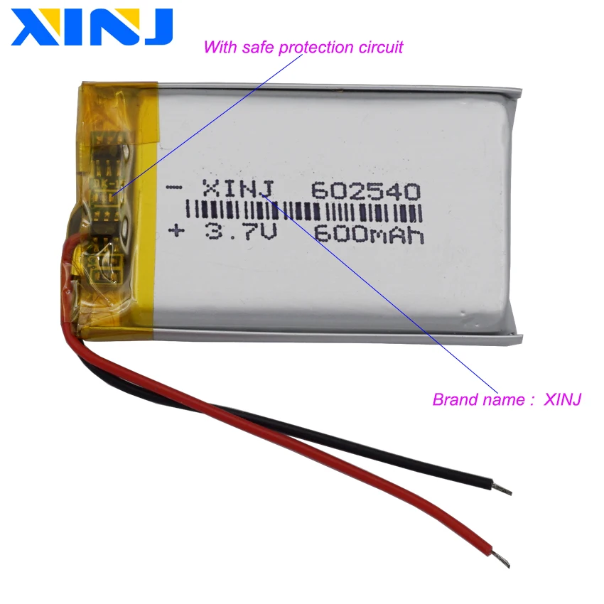 2 piezas 3,7 V 600 mAh 2,22 Wh 602540   Batería de repuesto Li-Polymer Li Lipo para GPS Bluetooth altavoz cámara de coche Mp3 MP4 DashCam LED