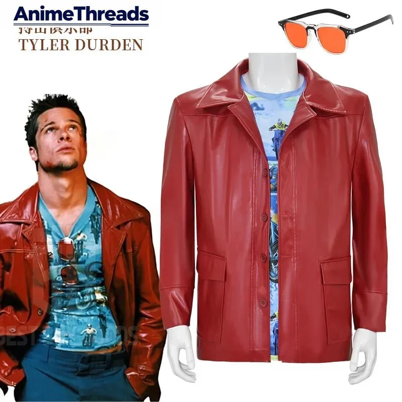 

Fight Club Tyler Durden Cosplay Costumes In Stock Brad Biker Leather Jacket Red Coat Shirt Glasses Halloween Party Suit