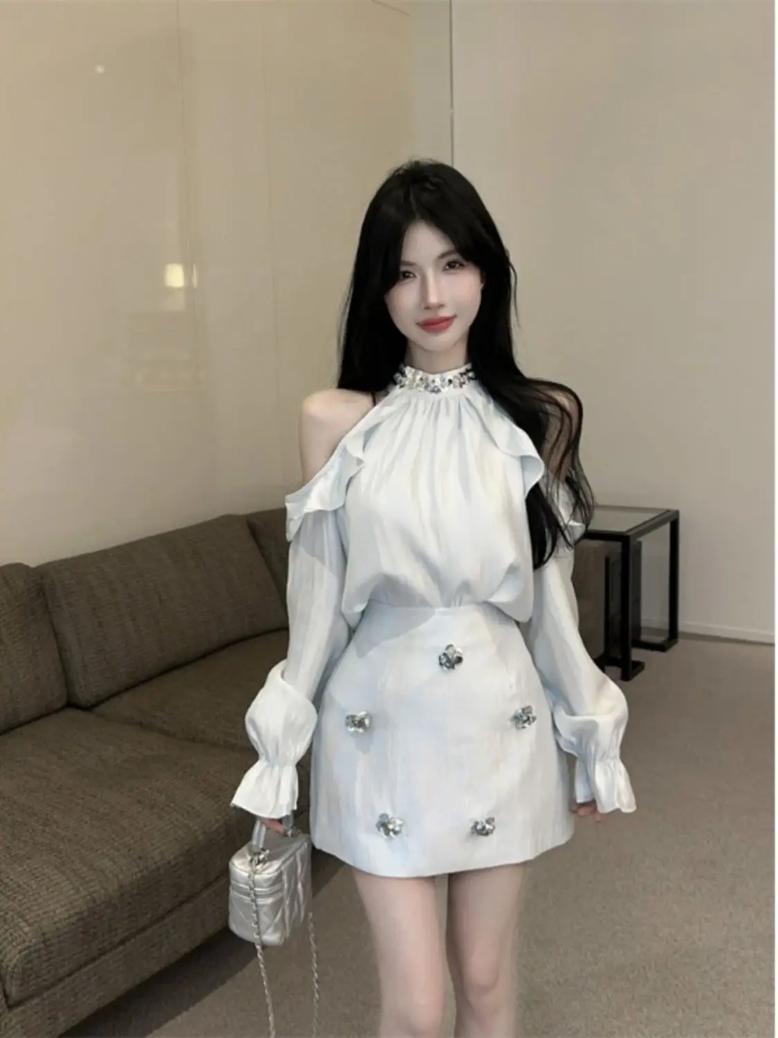 

Korea Women Two Piece Set Elegant Satin Tank Tops Bow Ribbon Sleeveless Blouse Sequins Flowers Mini Skirts Shirts Female Suits