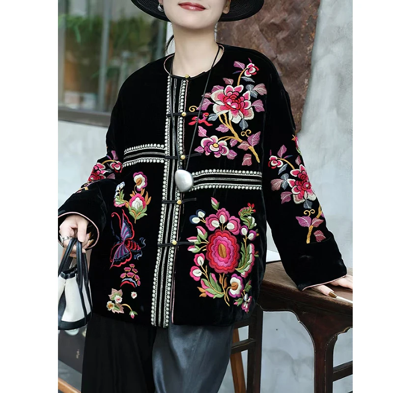 

Осеннее новое шелковое + бархатное пальто с круглым вырезом, изысканный дворец, нерегулярная вышивка, пуговицы ручной работы, женское пальто в стиле ретро, S-XL