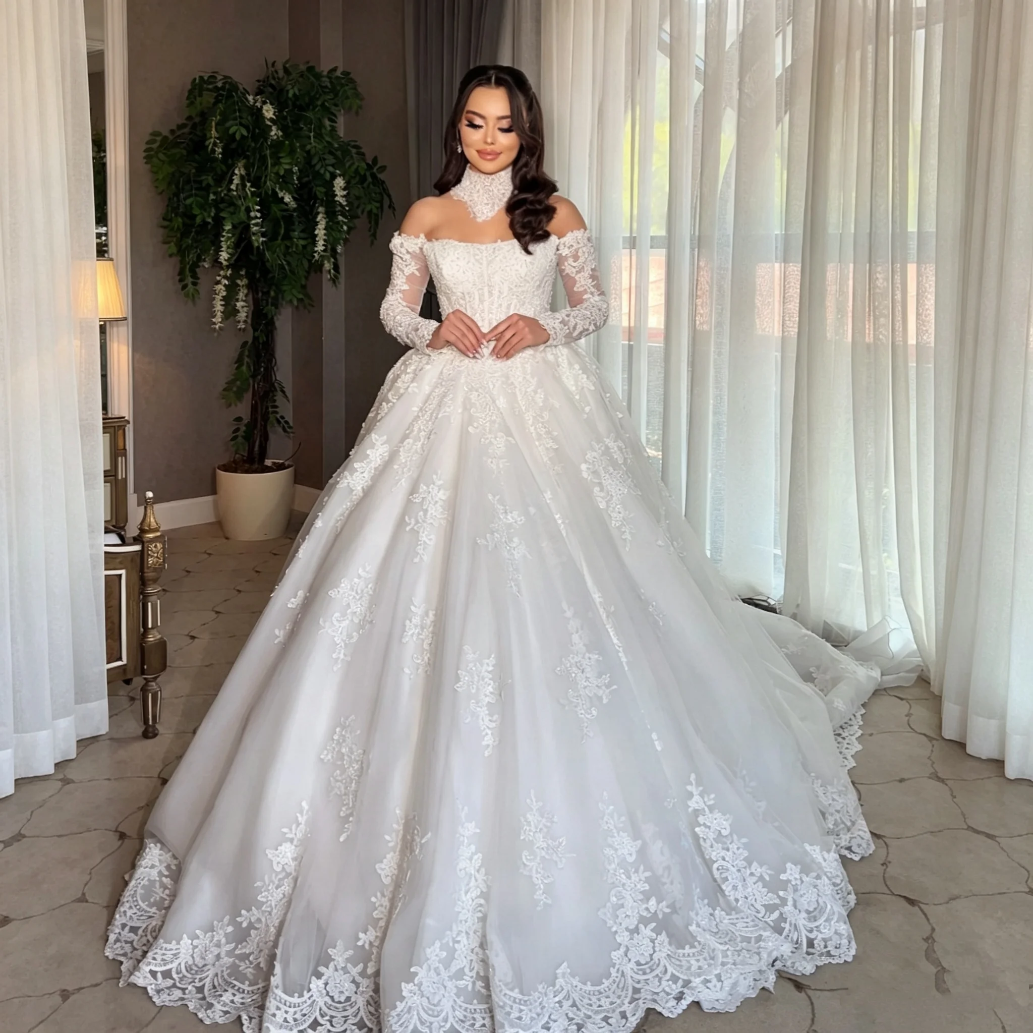 Maßgeschneidertes Spitzen-Hochzeitskleid mit hohem Kragen, schulterfrei, langen Ärmeln, luxuriöses A-Linien-Brautkleid für den Ball.