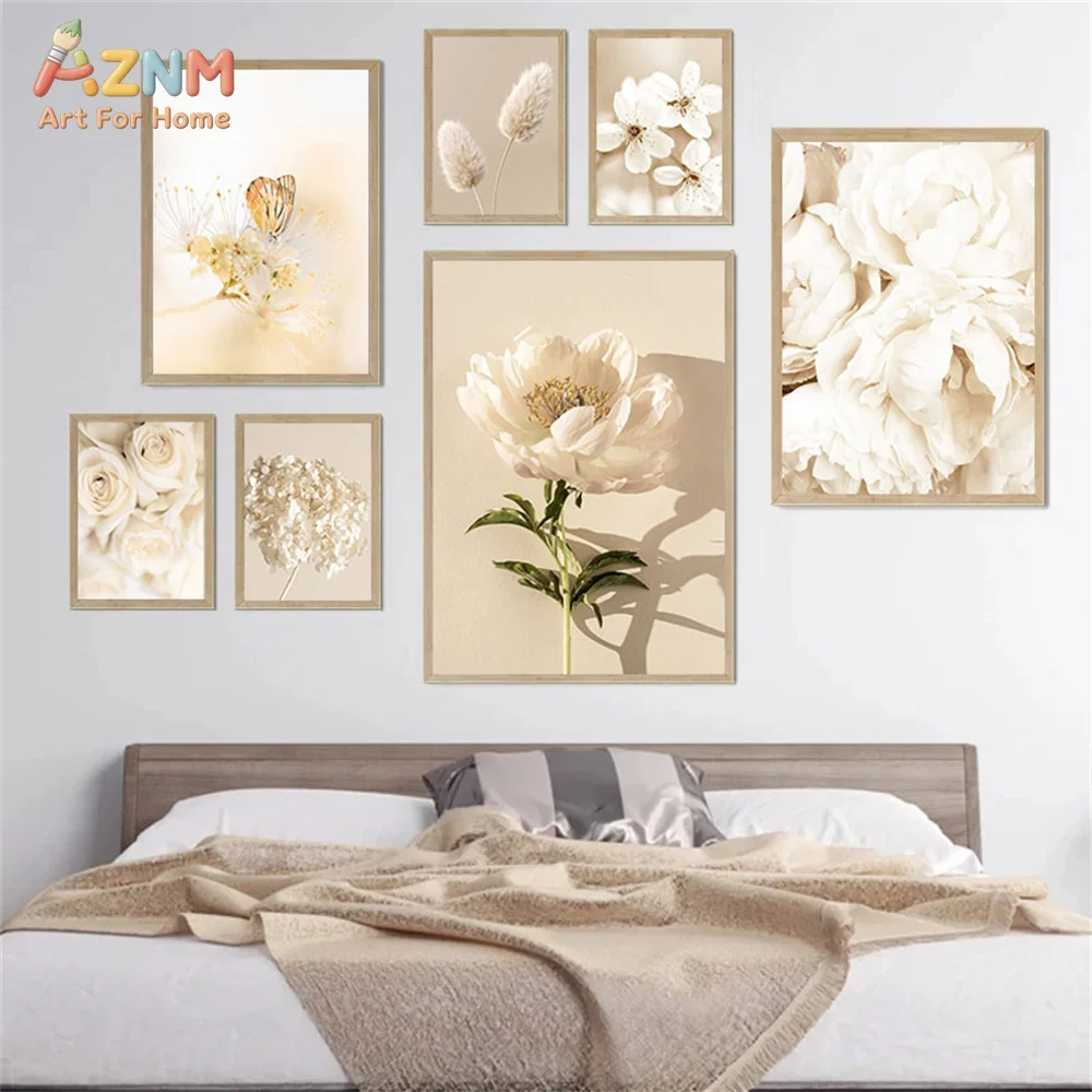 AZNM Neutral Beige Floral Canvas Wall Art White Rose Peony Dried Flower Butterfly Boho Nature Art Print Frameless Canvas Paintin