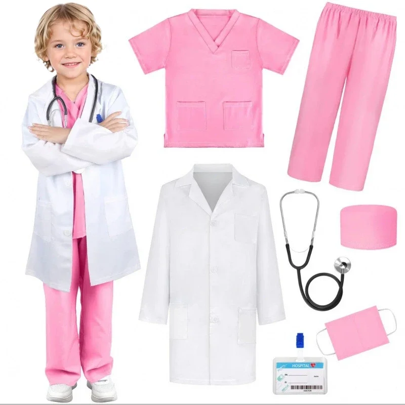 Doctor Cosplay Costume Nurse Uniform Suit Short Sleeve Pants Hat Mask Stethoscope 6Pcs Boys Girls Halloween Cosplay Surgery Gown
