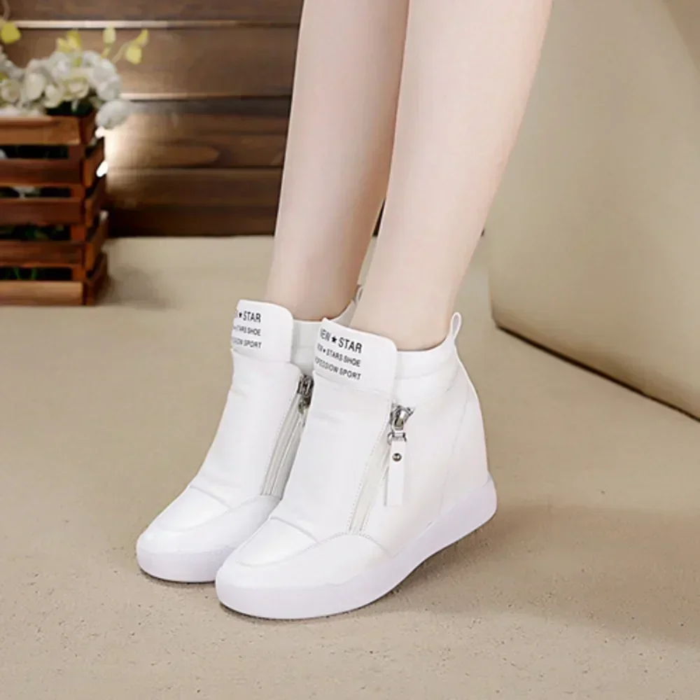 Women Casual Sneakers Leather Platform Wedge Boots Hidden Heel Increase Woman Chunky Side Zipper Vulcanized Hip Top Shoes