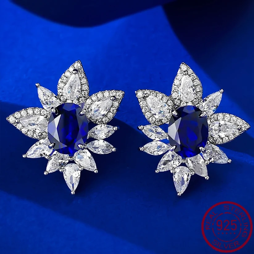 

New European and American S925 Silver 2 Carat Blue Corundum Oval Earrings Classic Light Luxury Versatile Cross border Style