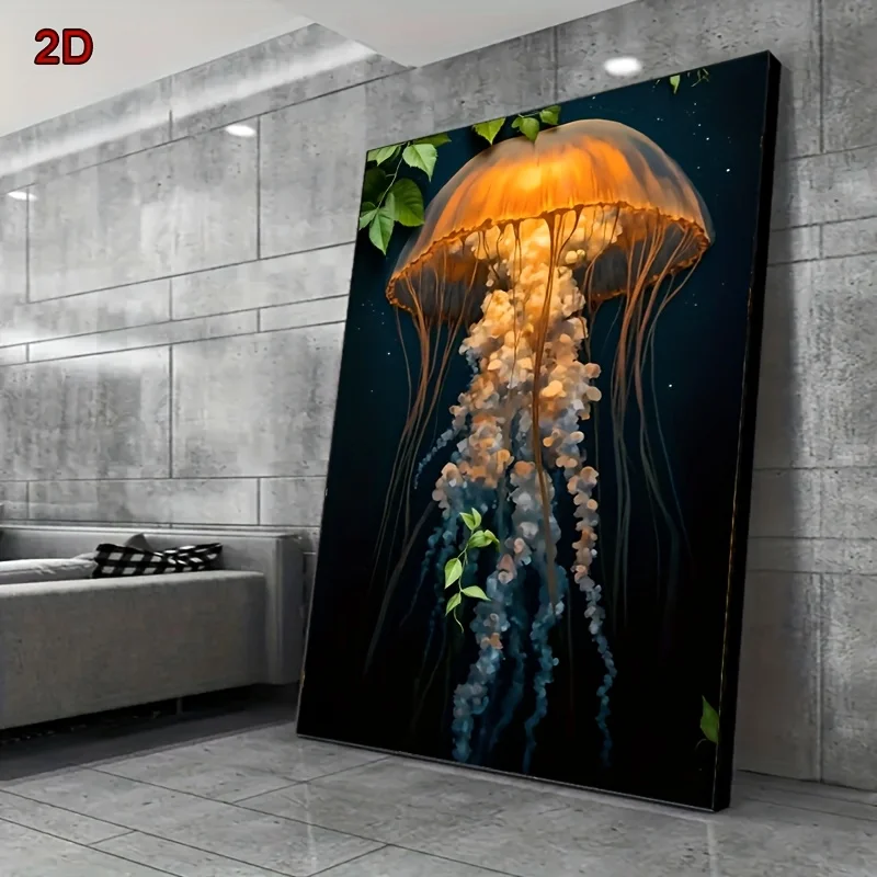 2D Flat Print, Frameless Canvas Art - Giant Jellyfish in Deep Sea, Ocean Biome Theme, Unframed Wall Art for Living Room, Bedroom - view 2
