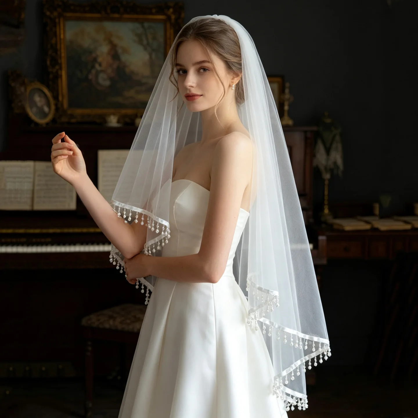 SLBRIDAL Handgefertigter Einlagiger Brautschleier mit Quasten und Perlenbesatz Hochzeitsaccessoires für Bräute – Detail 3