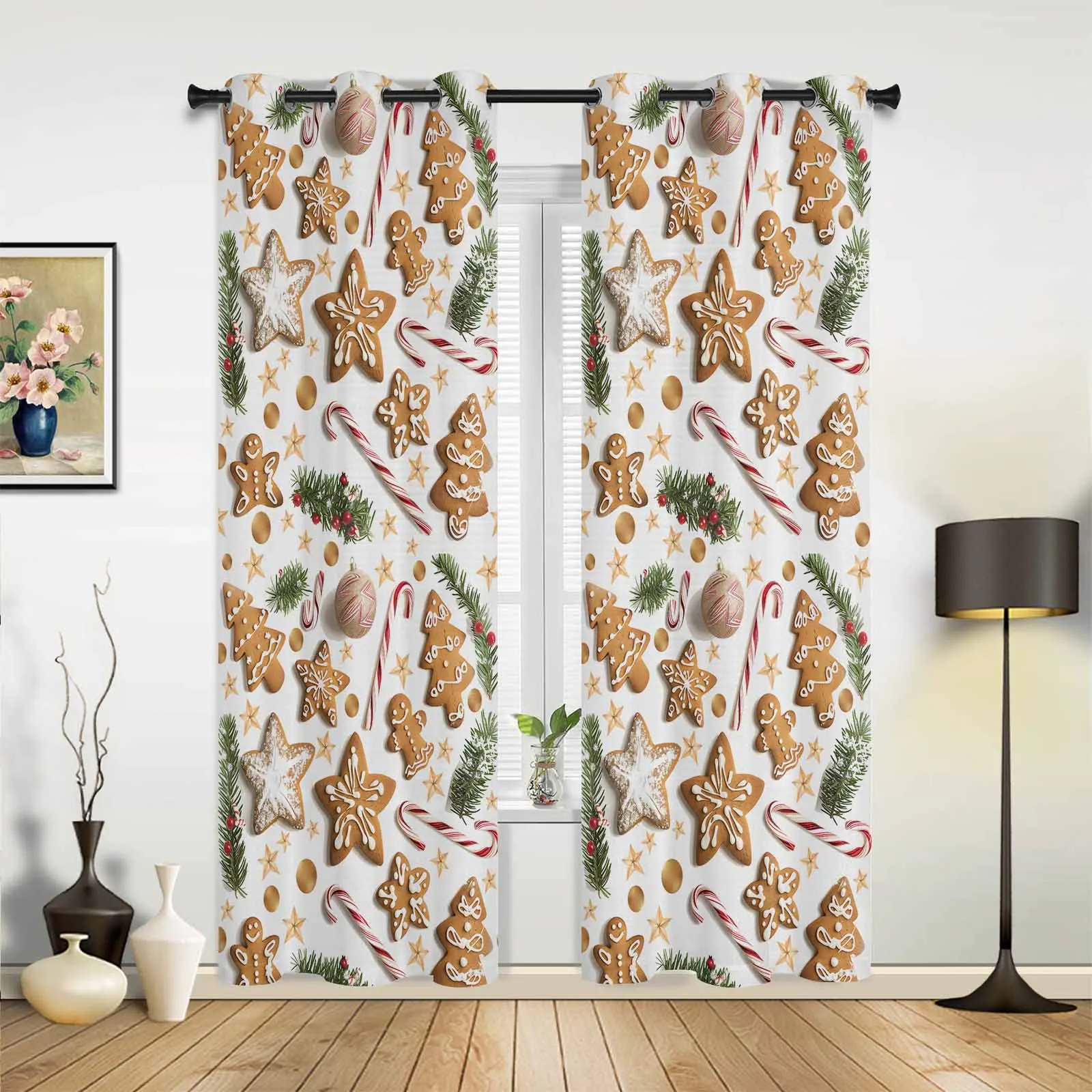 Christmas Gingerbread Man Berry Pine Needles Windows Curtains Living Room Luxury Decor Xmas Curtain Kitchen Window Drapes