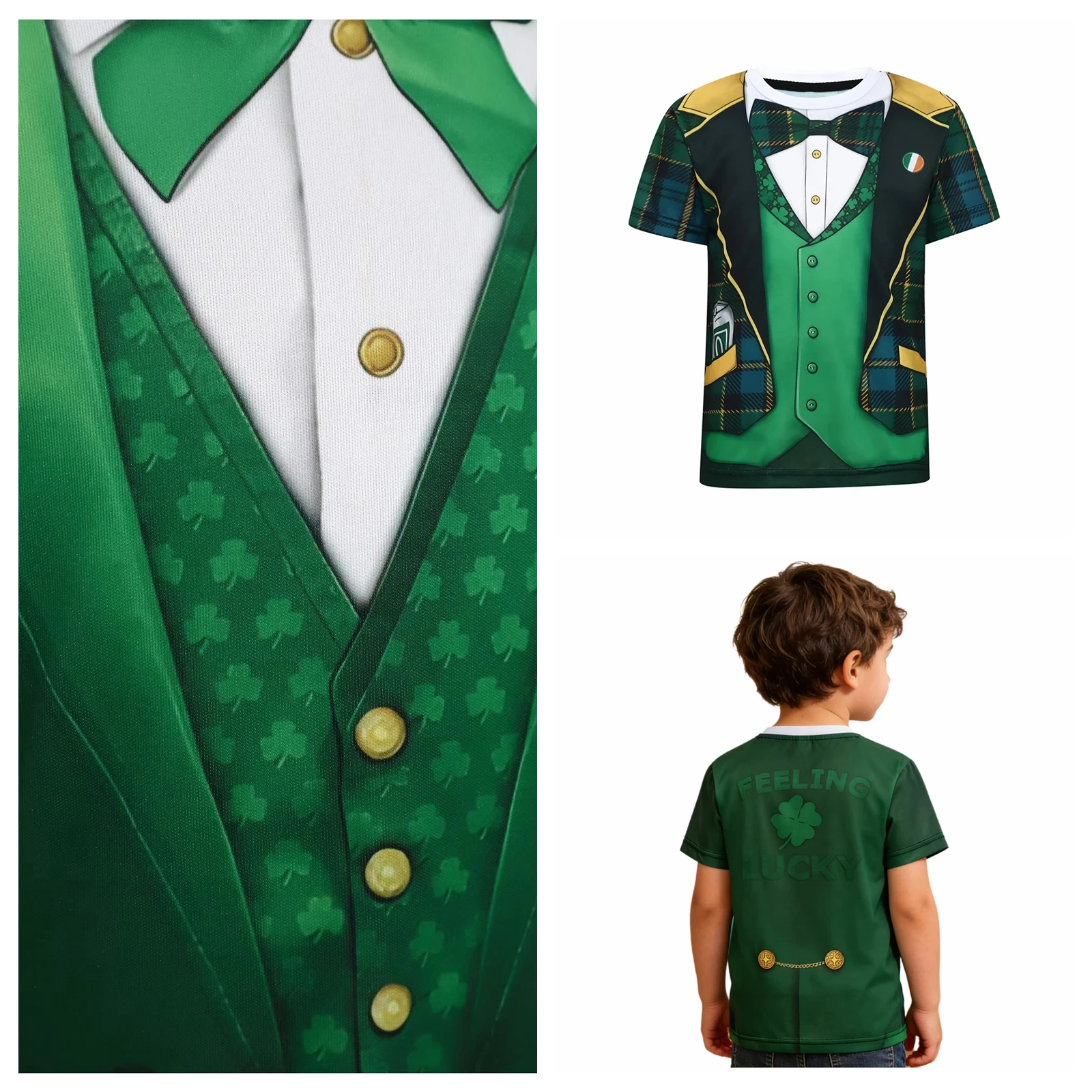 

Boys Cosplay Costume for Festival Party Wear 3D Print Fake 2-piece Style St Patricks Day Shirt Short Sleeve Pullover Shirt Top