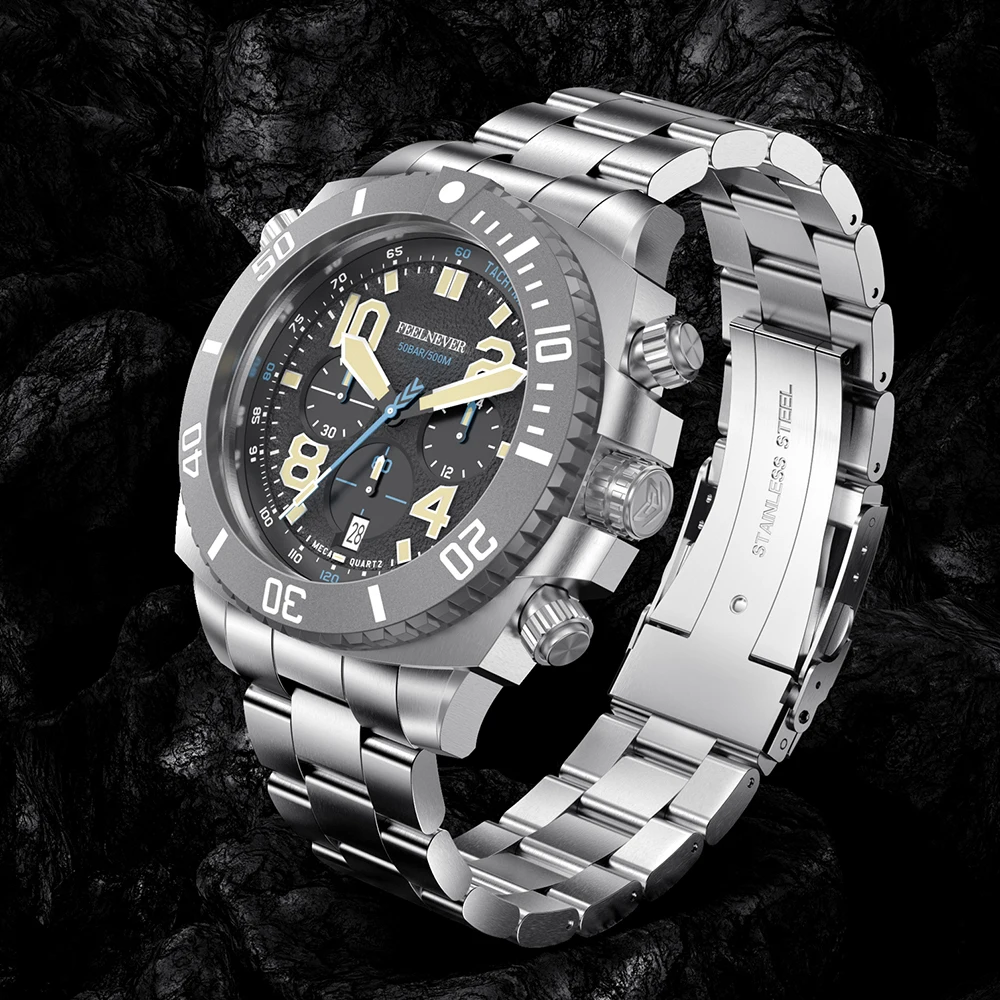 2023 FeelNever New Sport Dive Quartz Mens Watches Sapphire Crystal Big Dial Waterproof Watch For Men Stainless Steel Wristwatch