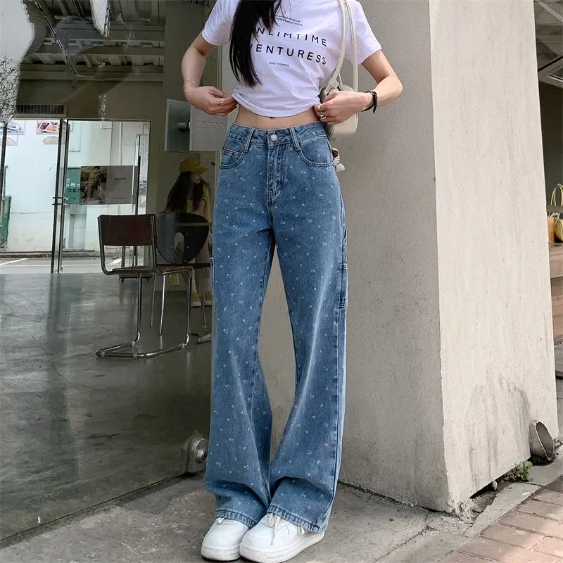 Y2K Jean 2025 Summer Fashion Ladies Floral Denim Pantalons Loose Vintage Jeans Women Casual Elastic Waist Harem Wide Trousers