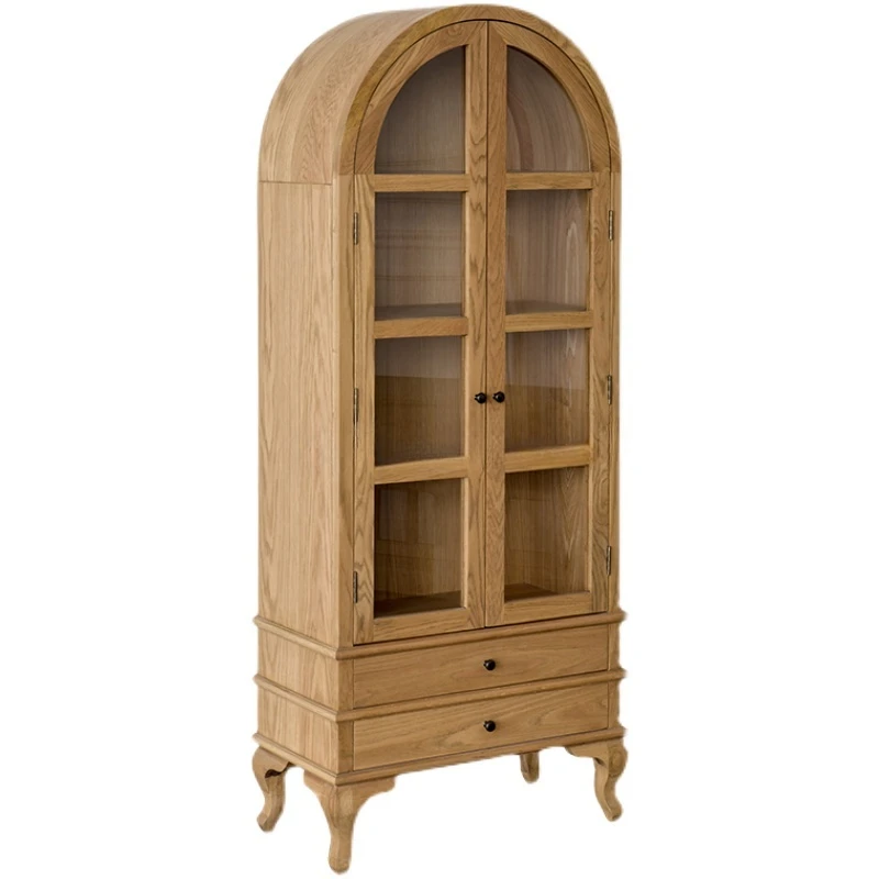 

American Country Dome Oak Solid Wood Bookcase Side Cabinet Living Room Sideboard Cabinet French Wine Buffet