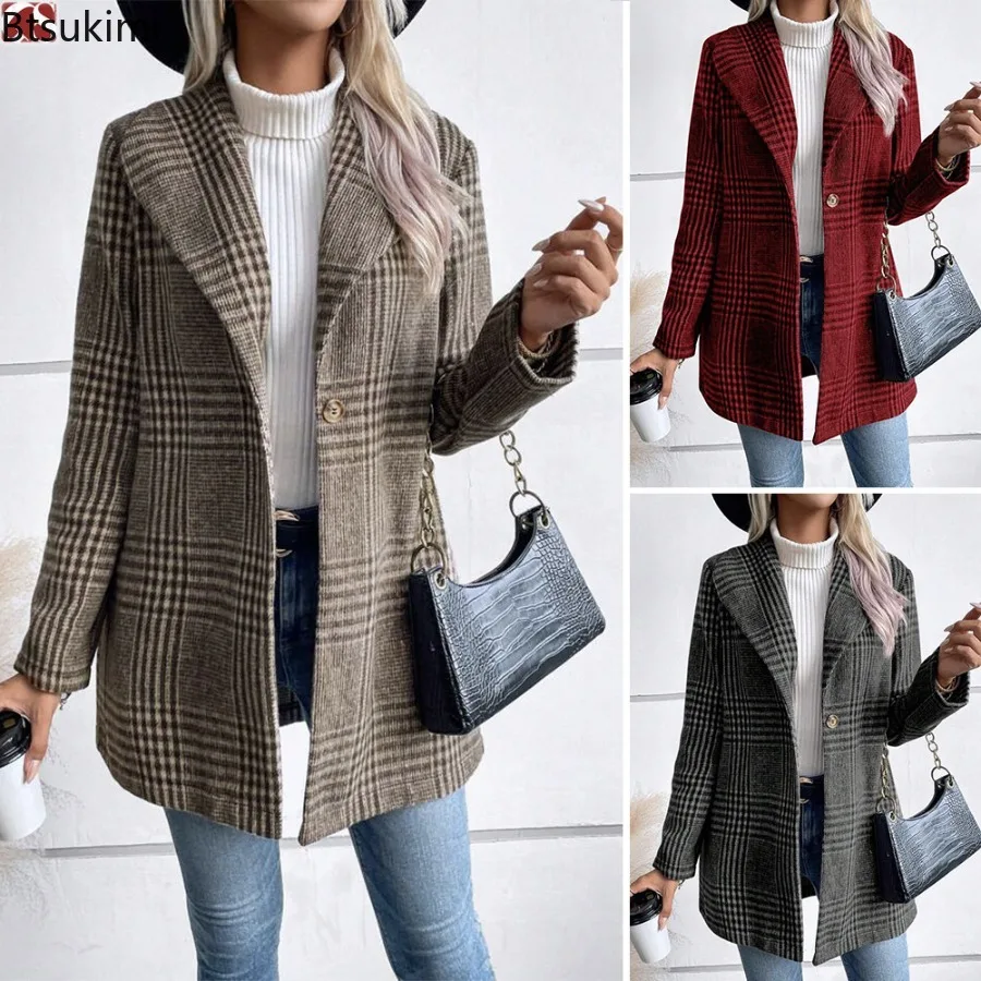

Women's Plaid Woolen Jacket Autumn Winter Female Thicken Slim Middle Length Temperament Outwear Women's Casual Fashion Wool Coat