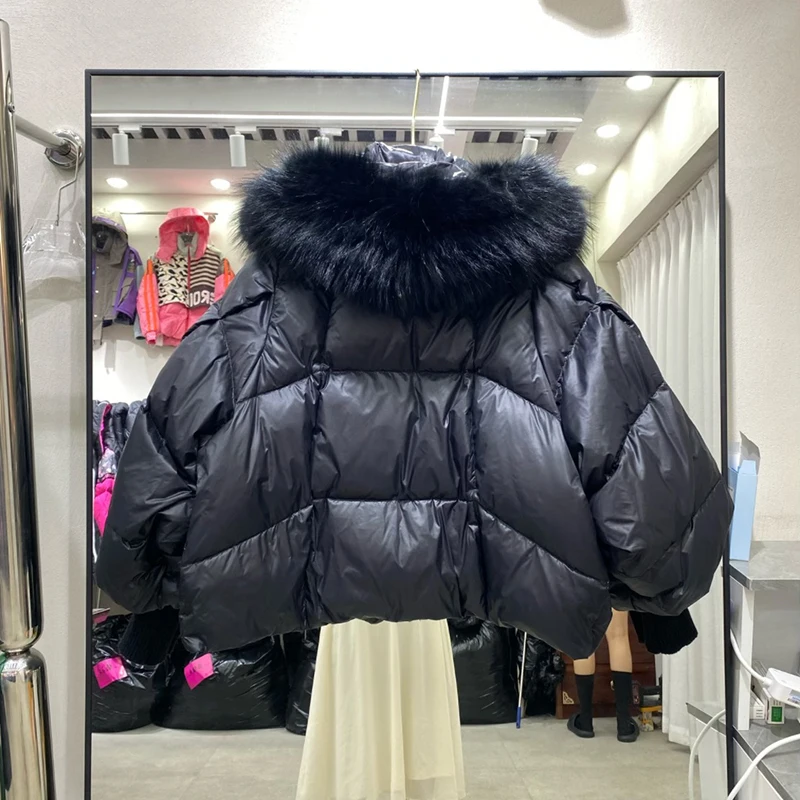 Winter High End Natural Large Fur Collar Down Jacket Female Hooded Warm Thick Parker Jacket Women White Duck Down Loose Outwears