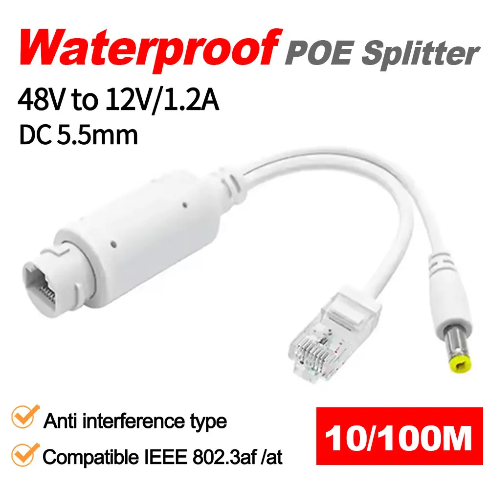 IEEE802.3af/at 48V to 12V POE Spliter Waterprrof With Video / Power Adapter Cable Supply Module Injector for IP Camera Extender