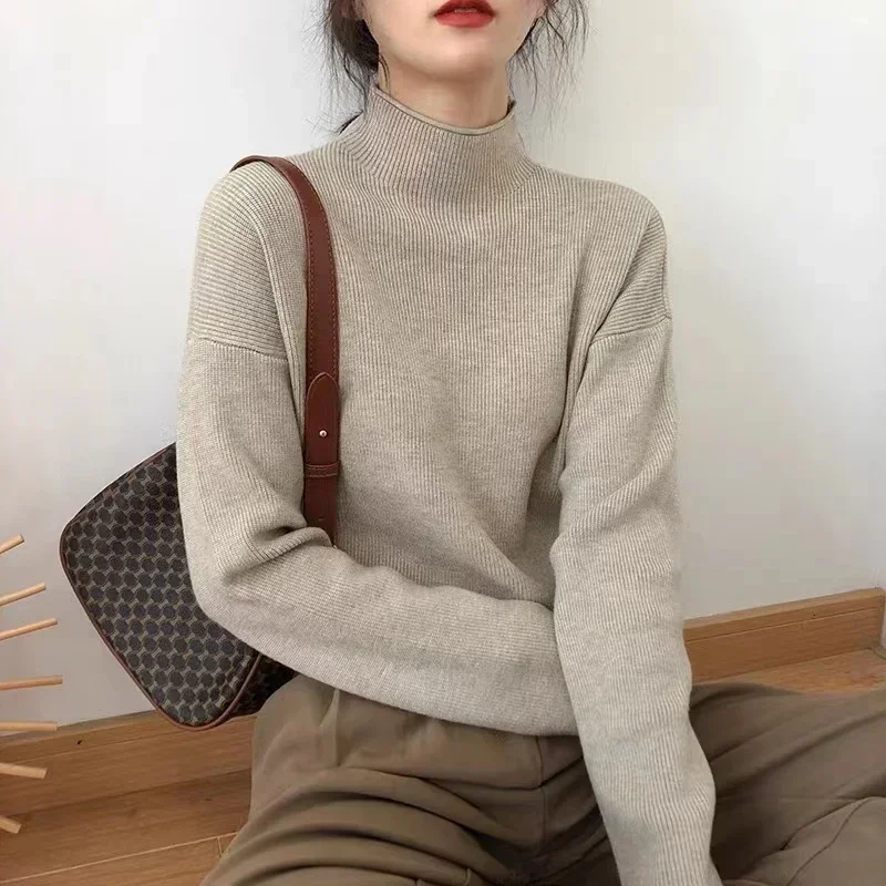 

Autumn Winter Knitwear Knit Tops Women Pullover Sweaters Fashion Female Long Sleeve Elastic Casual Mock neck Knitted Shirts