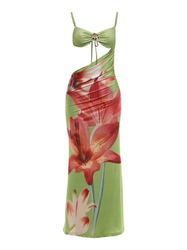 Foamlina 여성 2026년 신상 여름 플로럴 프린트 맥시 드레스 섹시한 스파게티 스트랩 민소매 컷아웃 슬림 홀리데이 비치 파티 드레스