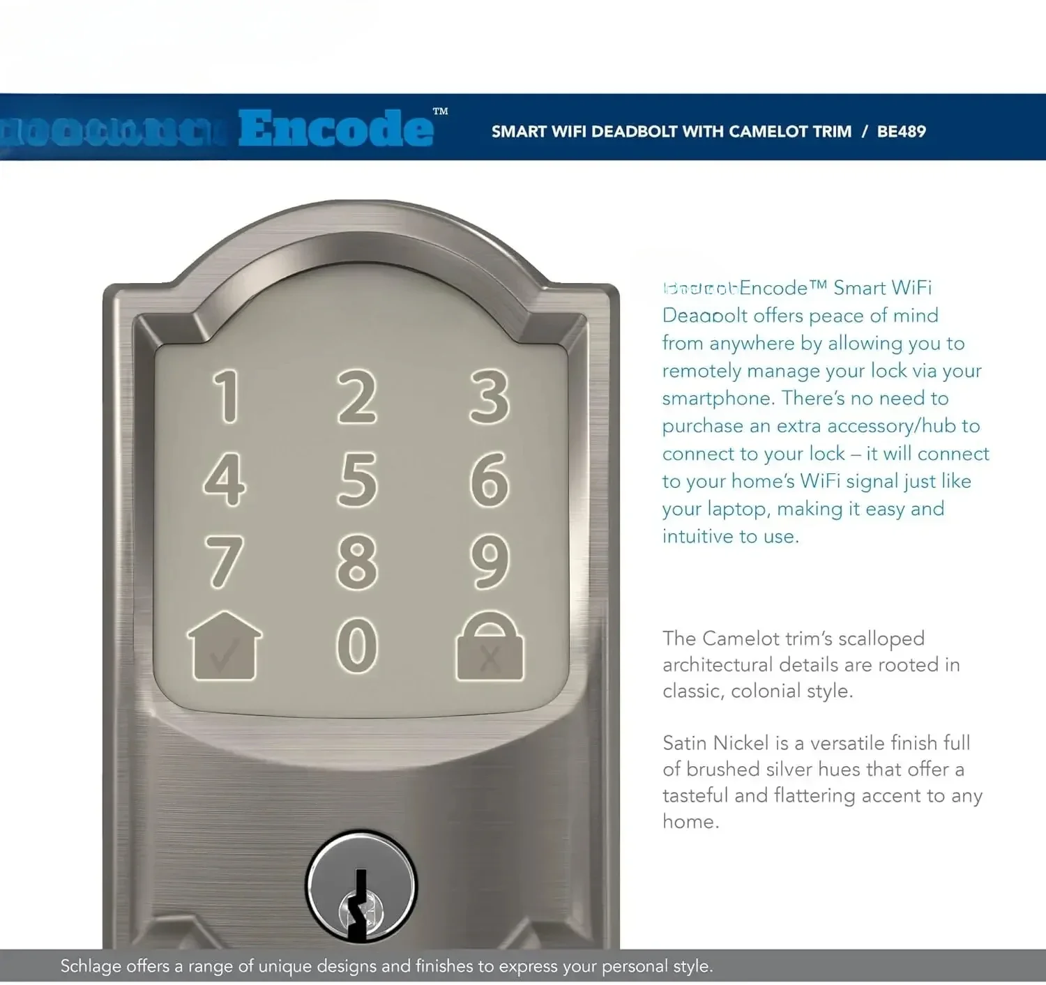 home.Schlage Encode Smart Wi-Fi Deadbolt with Camelot Trim in Satin Nickel