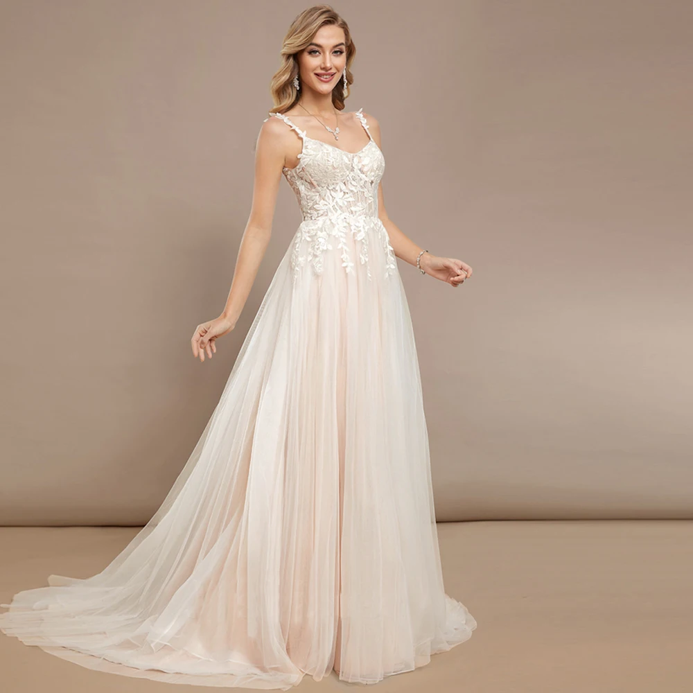 فساتين زفاف بأشرطة سباغيتي مخصصة على شكل حرف A فساتين زفاف مزينة بالزهور وسحاب سويب تراين فيستدو دي نوفيا