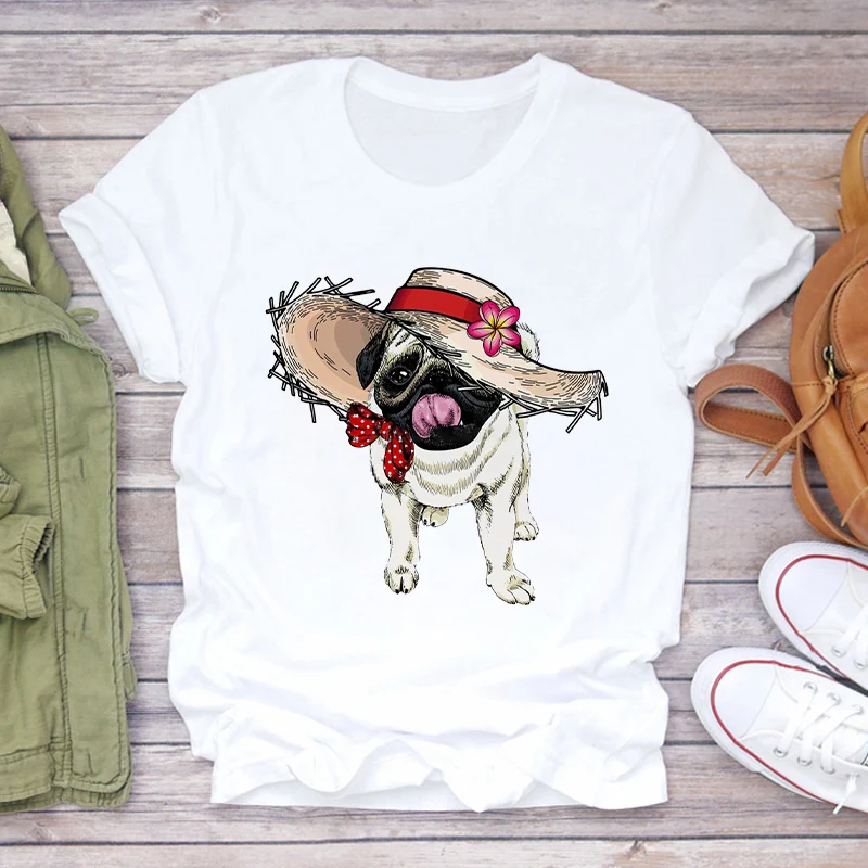 

2022 Women Tshirt Summer Pug Dog Flower Hat Kawaii T shirt femme Graphic 90s Fashion Printed Tops Tshirt Lady Tee Shirt Clothing