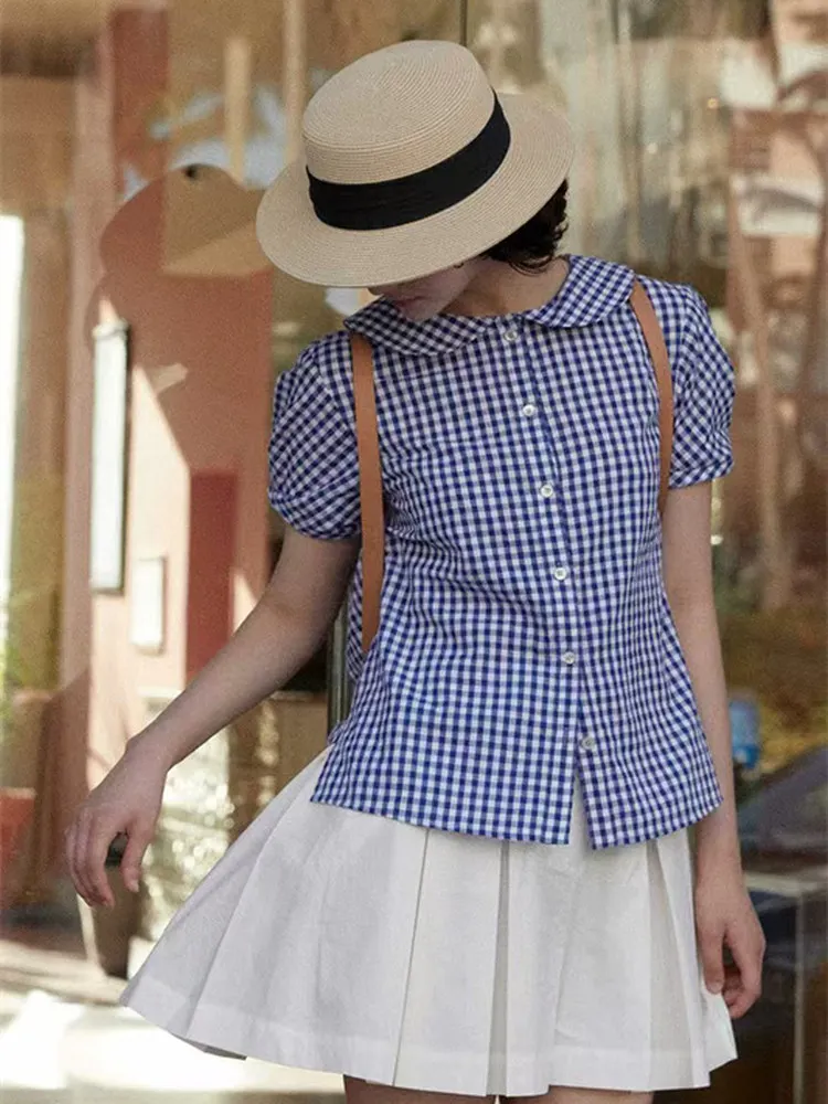 디자이너 걸 안티에이징 돌칼라 버블 슬리브 체크무늬 반팔 셔츠 여름 상의 패셔너블 출퇴근 루즈핏 버튼다운