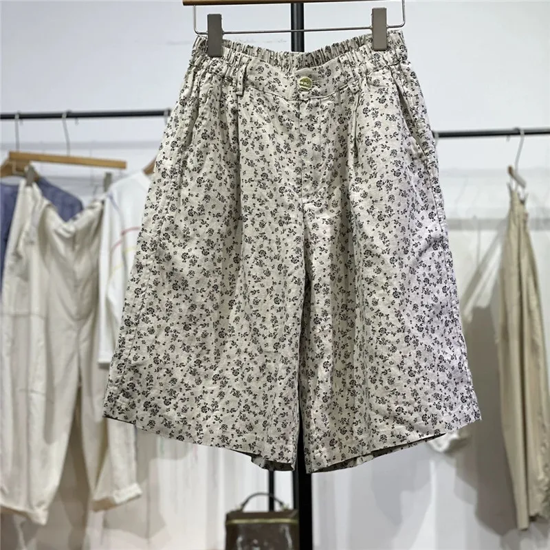 

Литературные брюки с эластичной резинкой на талии длиной до колена, женские летние повседневные широкие брюки из хлопка и льна с карманами