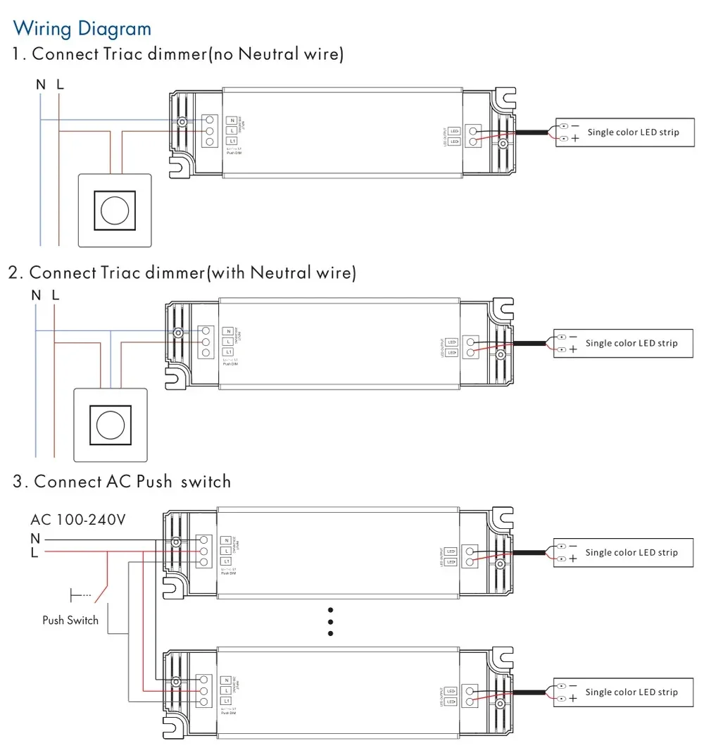 75 Вт, 12 В/24 В, триак, постоянное напряжение, светодиодный драйвер с регулируемой яркостью, ELV/AC, Push-dim, ШИМ, цифровое затемнение, безопасная защита для внутреннего светодиодного освещения