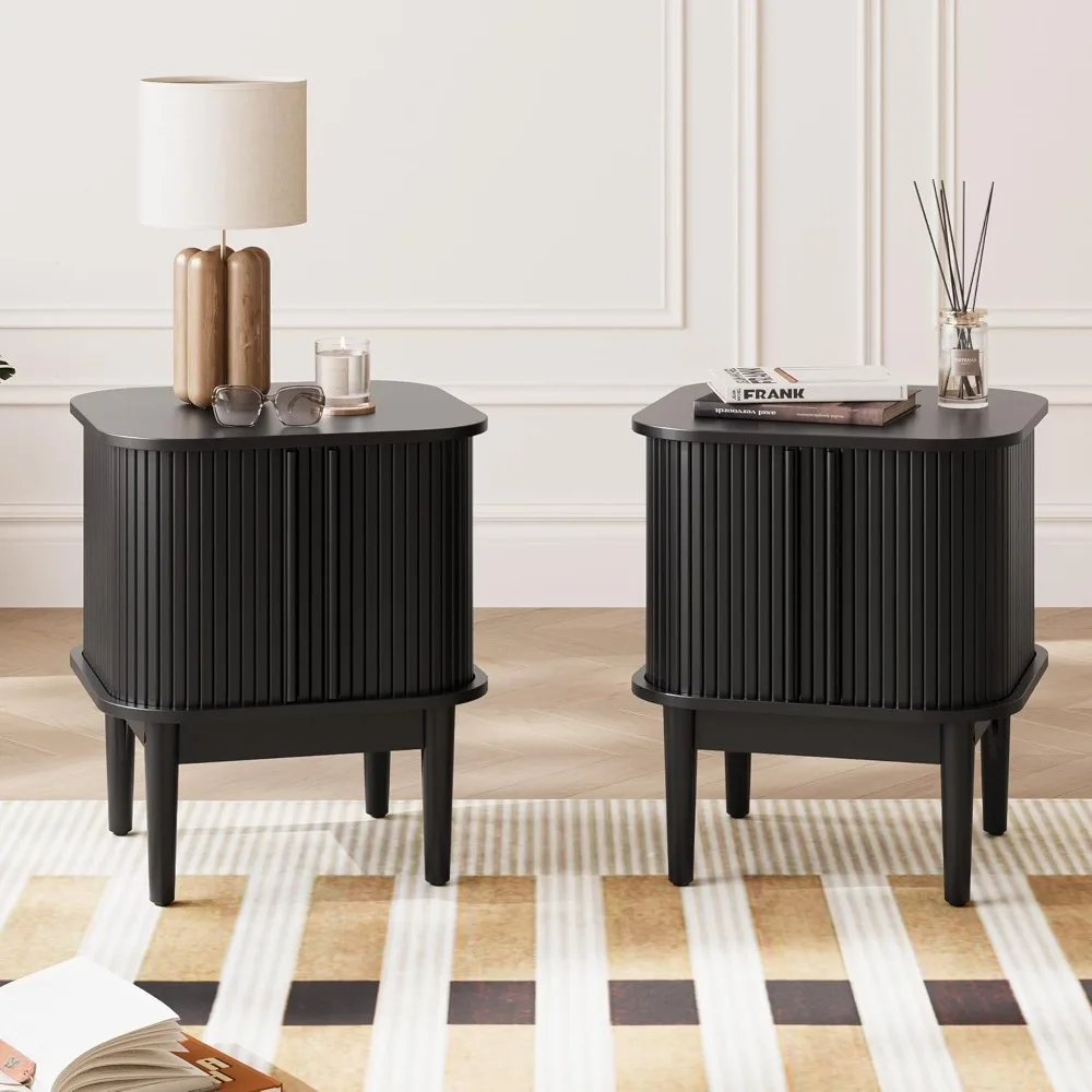 

Set of 2 Fluted Nightstands w/ Sliding Doors & Solid-Wood Legs, Modern Bedside Tables for Bedroom
