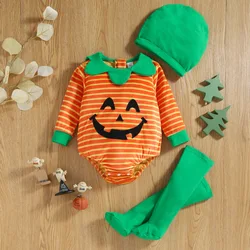 Spring and Autumn New Halloween Baby Boys with Pumpkin Smiling Face Embroidered Fart Triangle jumpsuit+Hat+Socks and Pants