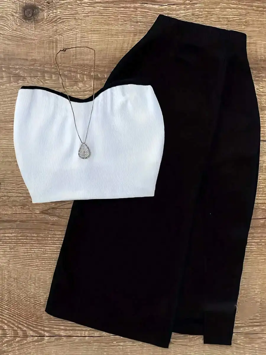 

White Ribbed Strapless Crop Top with Black Bodycon Skirt Set