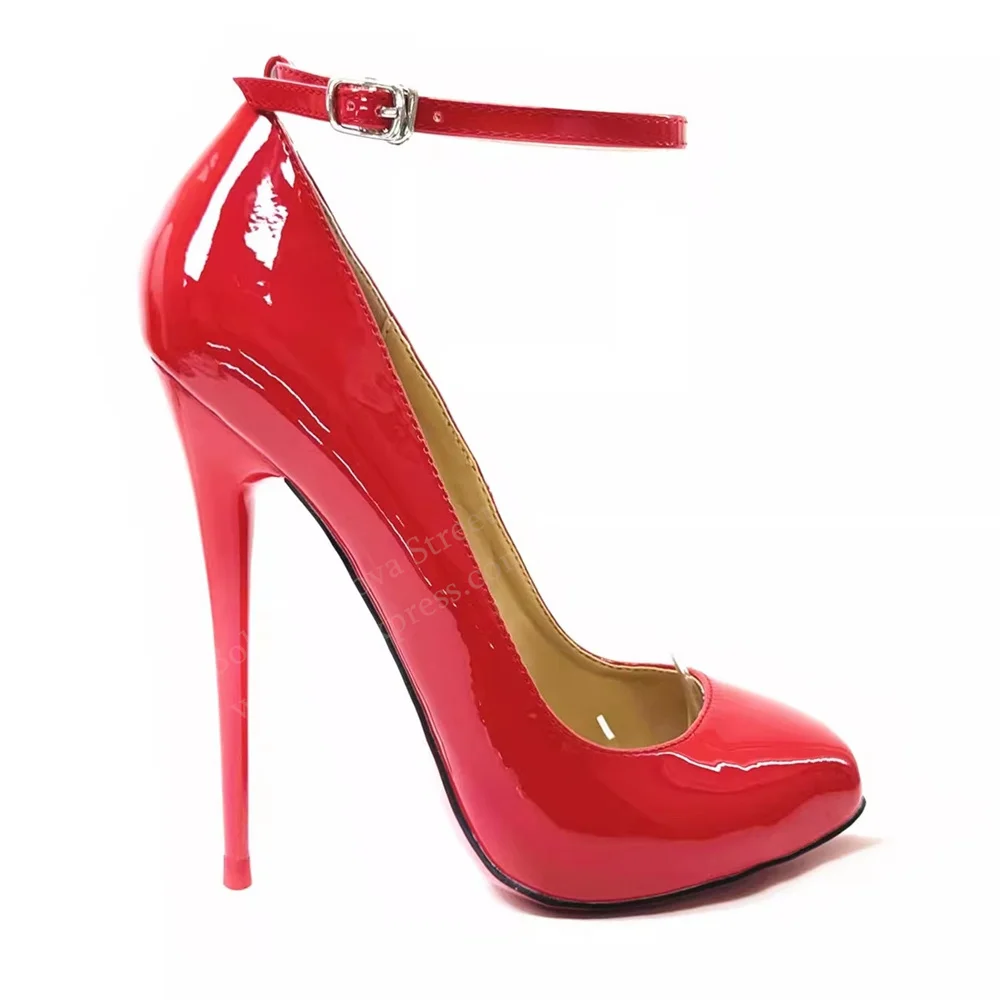 

Red Patent Leather 16cm High Heels Women Sexy Round Toe Stiletto Heel One Strap Buckle Strap Nightclub Party Dress Bed Pumps