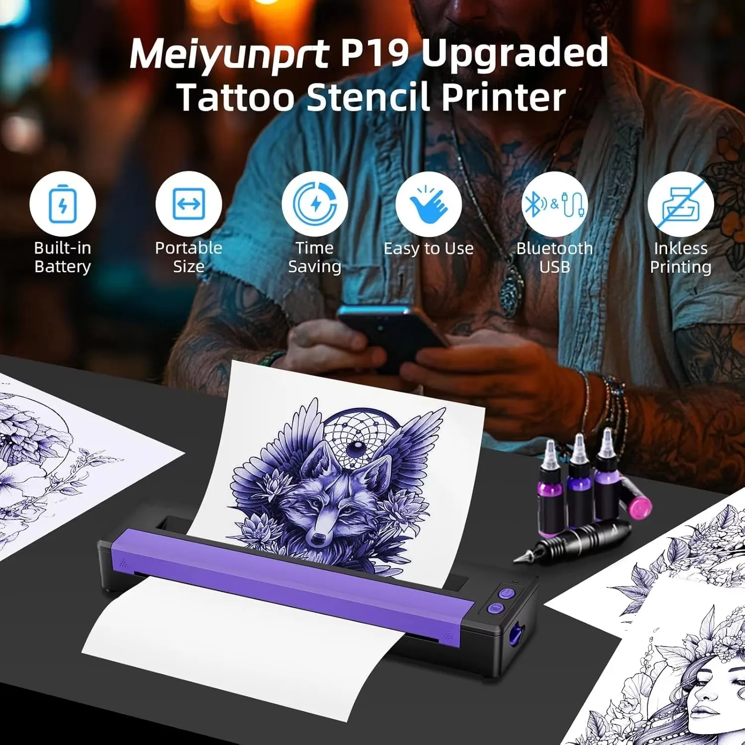 Portable Mini HD Tattoo Printer P19 Wireless Bluetooth Thermal Tattoo Stencil Printer Compatible with Android iOS Windows Mac
