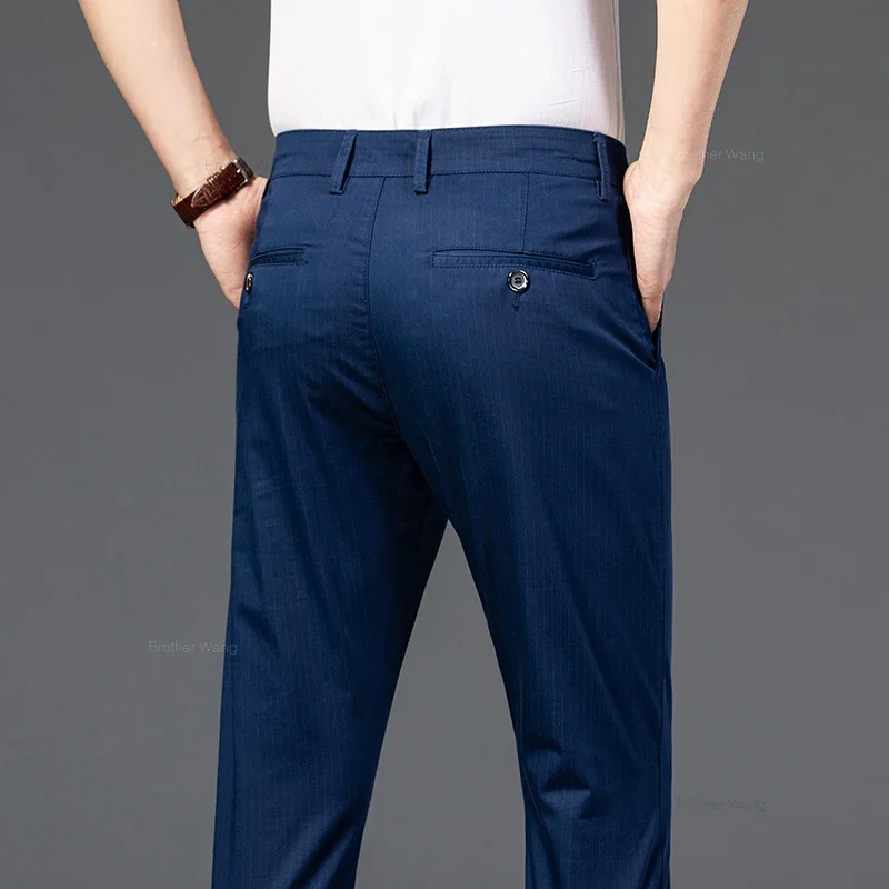 New Men\'s Business Straight Striped Casual Pants High Quality British Fashion Soft Elastic Trousers Black White Khaki Gray