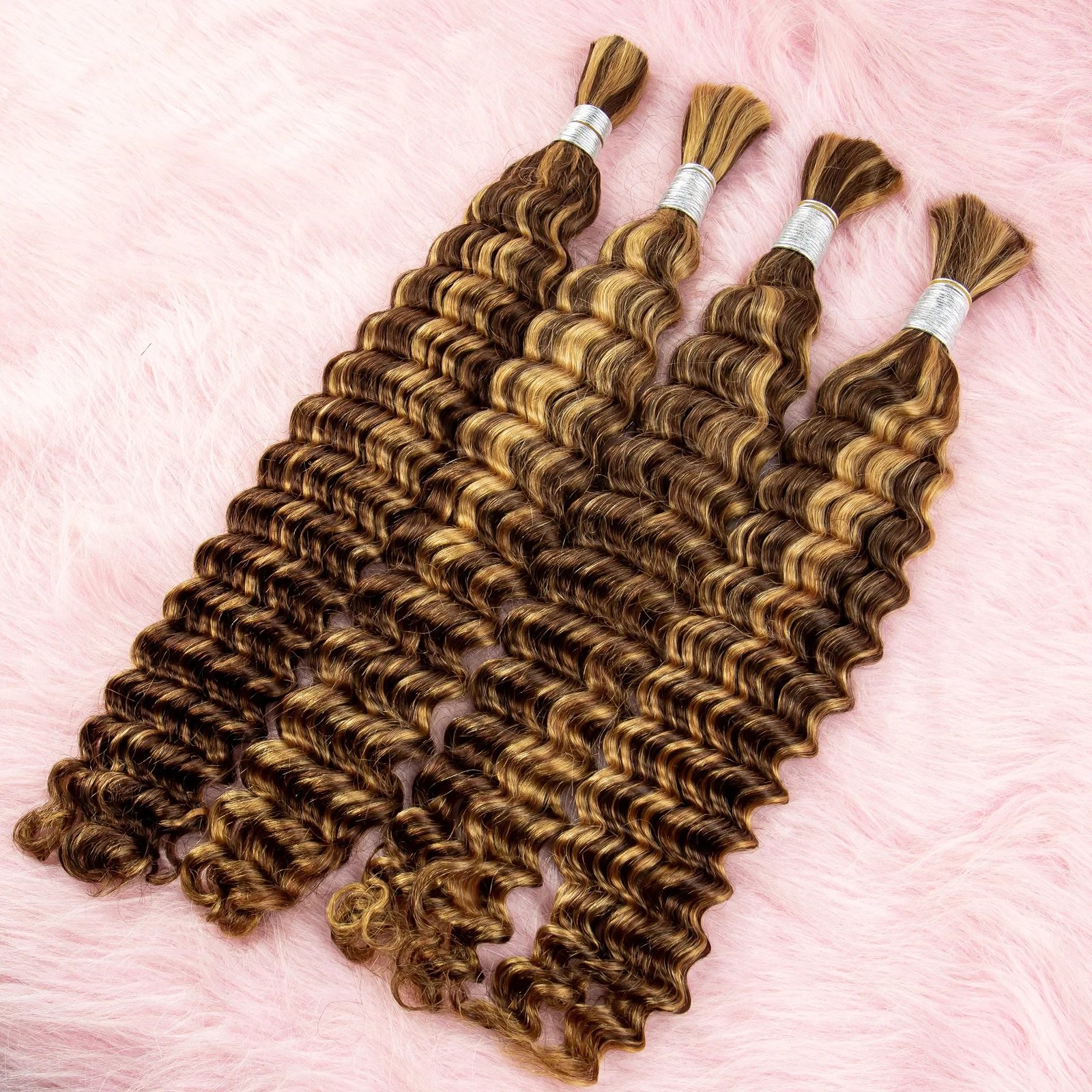 P4/27 Highlight Hair Bulk 16-28 Inches Deep Wave Human Hair Bulk for Boho Braiding Hair No Weft Brazilian Remy Hair Extensions