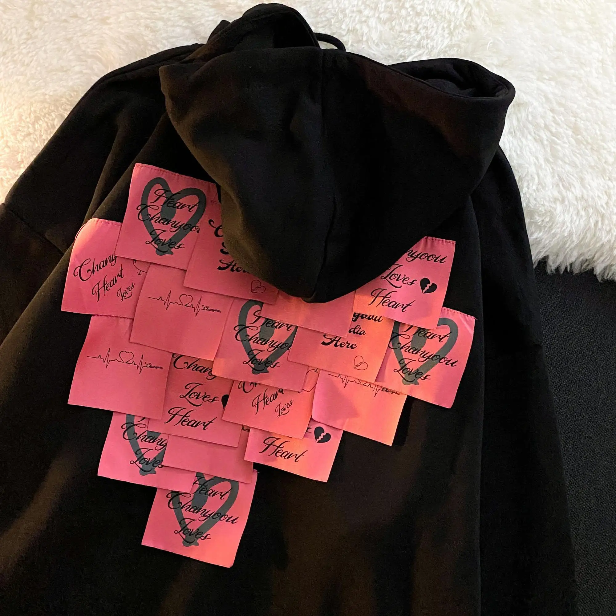 Y2k Red Love Post-it Zipper Hooded Sweater Blast Street Commuter Relaxed Design Feel Small Long Sleeve Jacket zip up hoodie