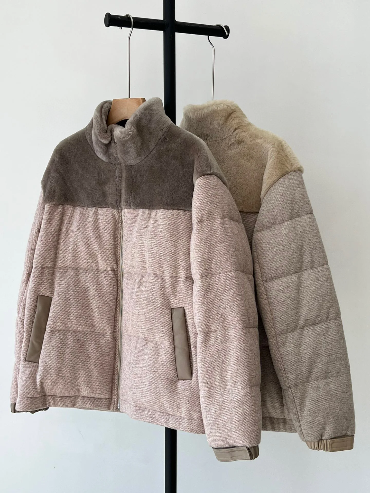 Padded Coat with Full Pelt Sheepskin Cashmere, Paneled Down Coat