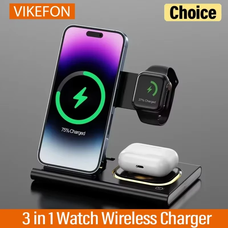 

Беспроводное зарядное устройство VIKEFON 3 в 1 для iPhone 17-12 Pro Max, Apple Watch 8 7 6, Airpods, складная док-станция для быстрой зарядки